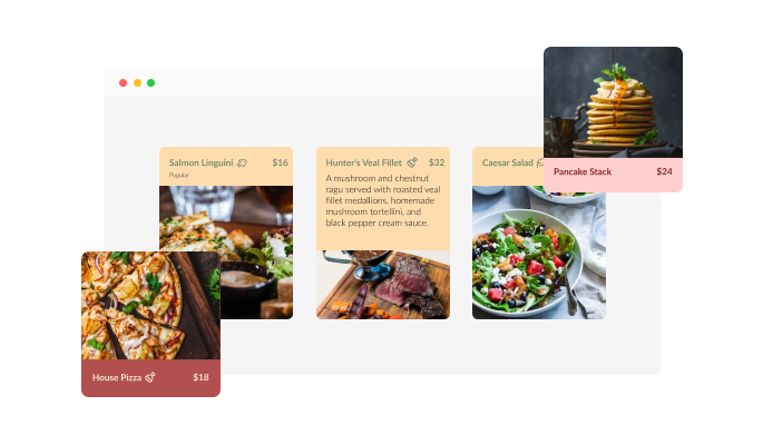 Restaurant Menu Flip Cards - A selection of colorful skins for your 10Web website