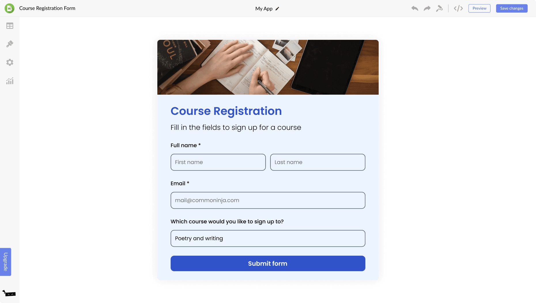 Course Registration Form for TeamSnap