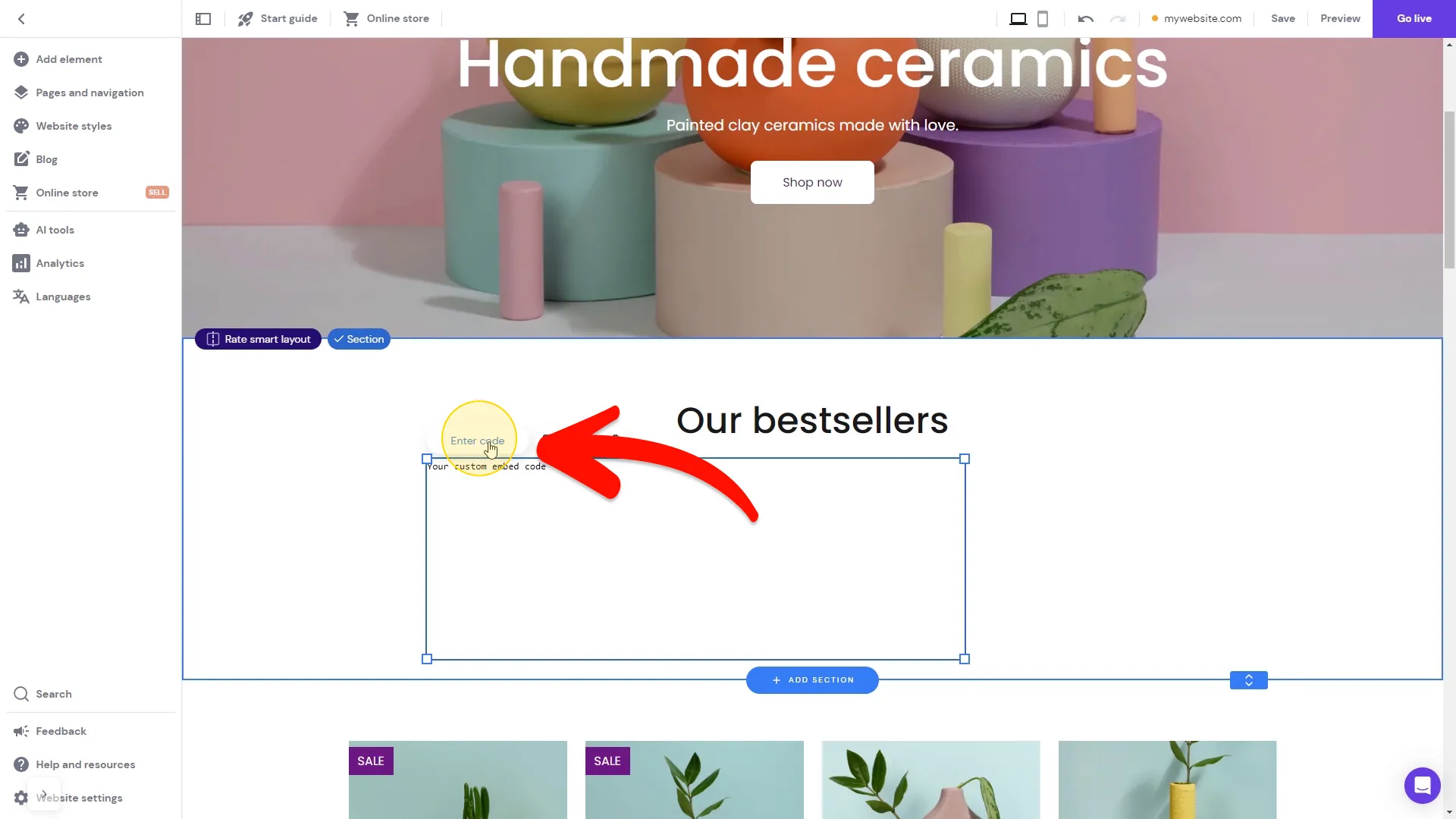 Open the Embed Element code editor