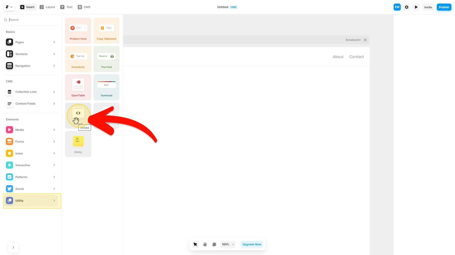 Select the Embed component
