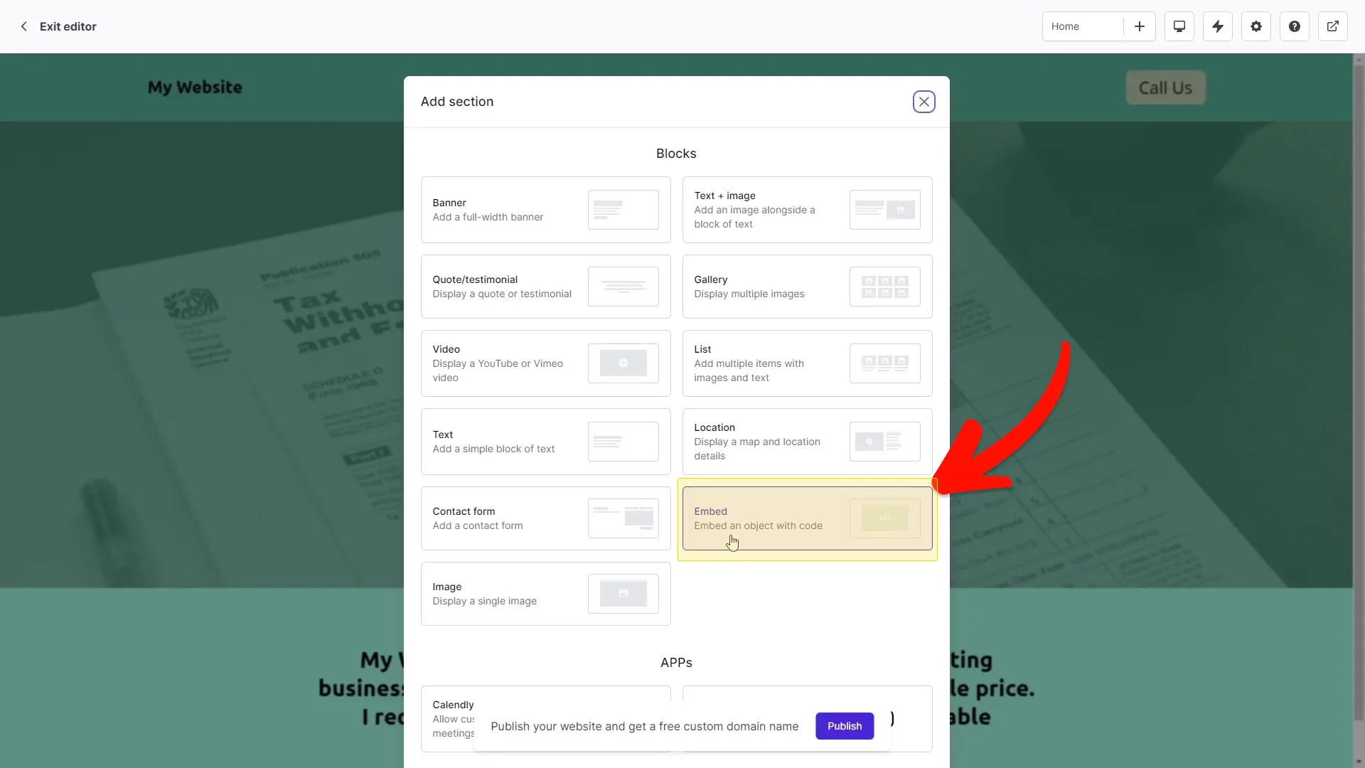 Select Embed section type