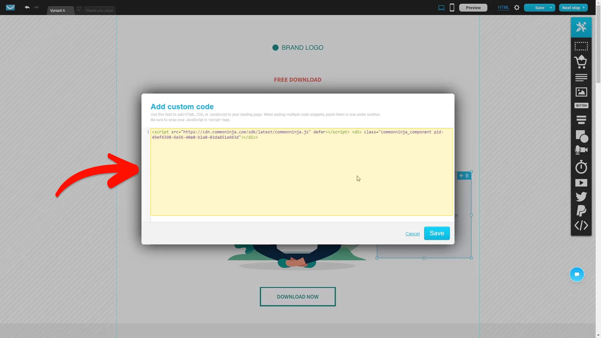 Enter the Corner Pop-up embed code