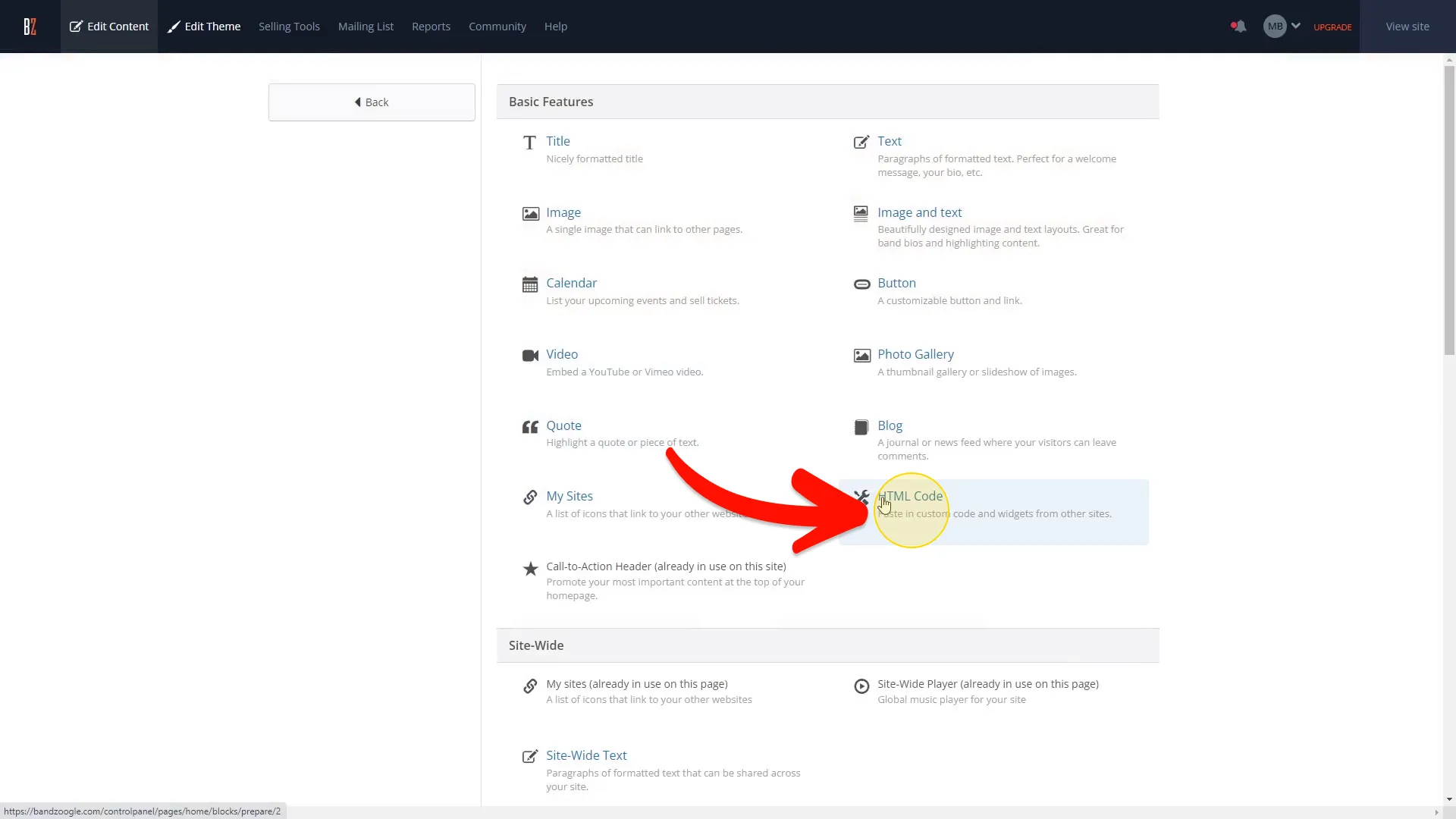 Select the HTML Code widget