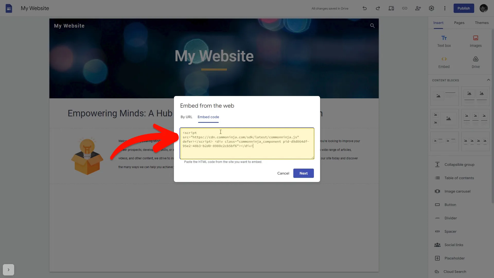 Add the Event List embed code
