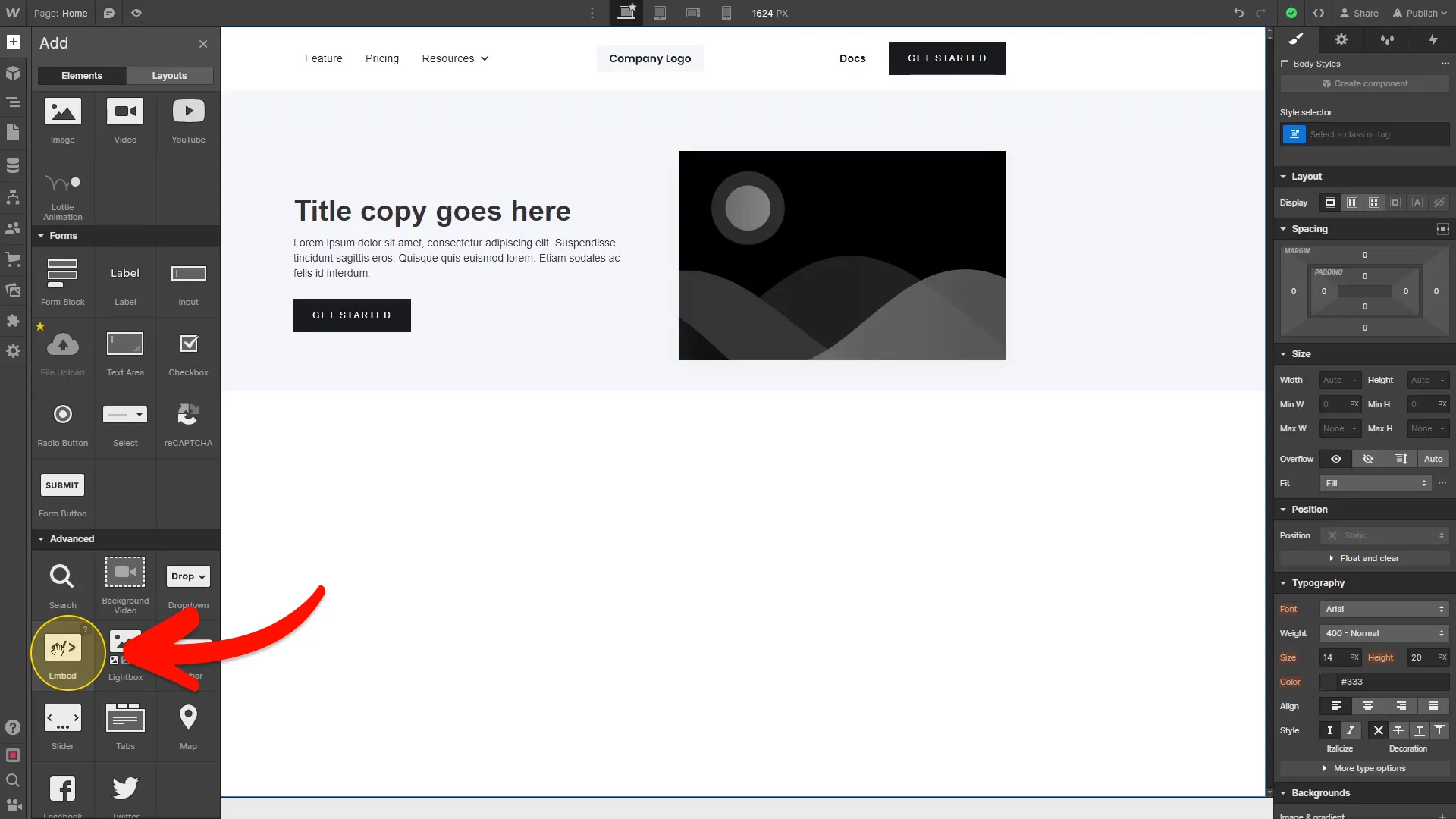 Select the Embed Item