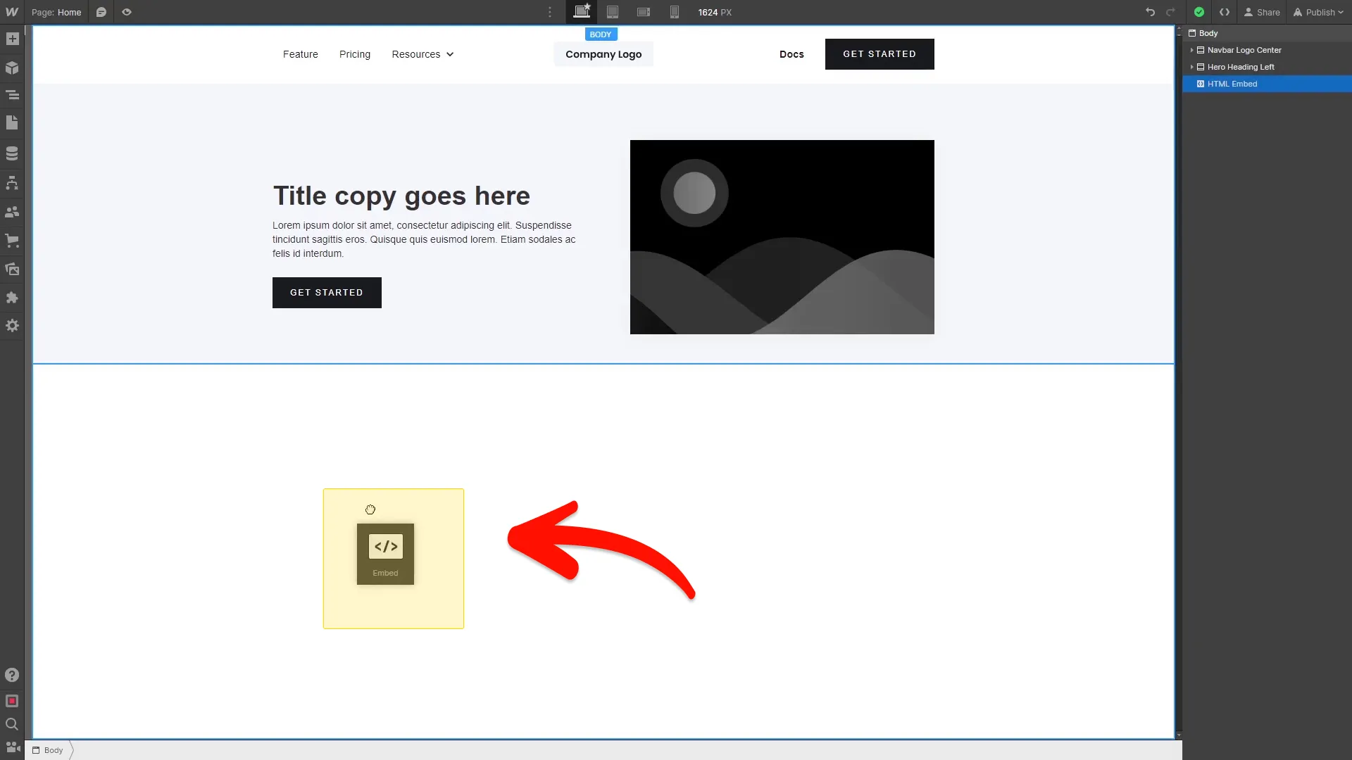 Place the Embed item on your page