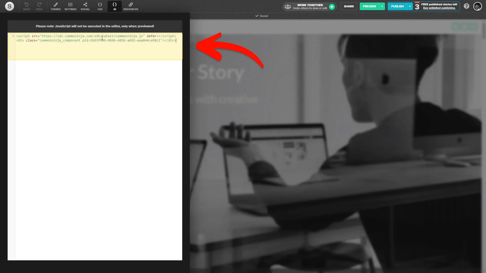 Adding a JavaScript code to the Shorthand Story