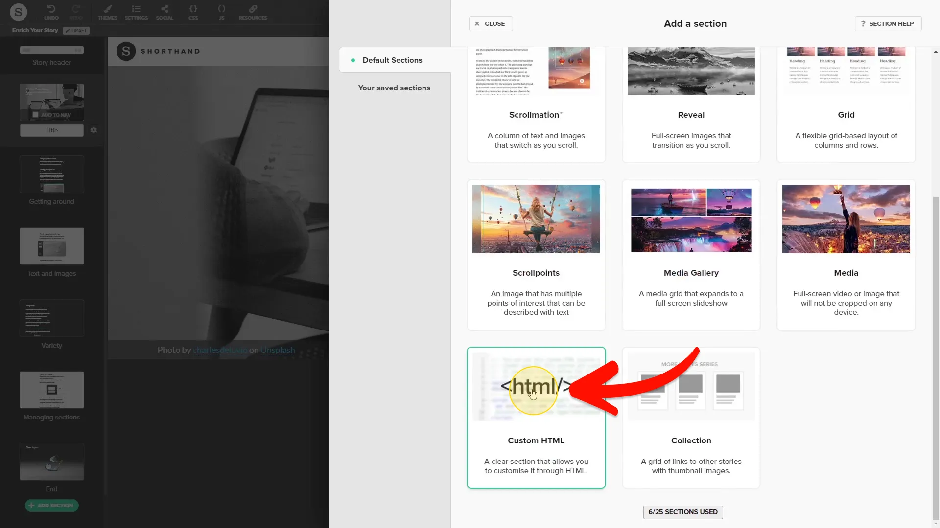 Select Custom HTML section type