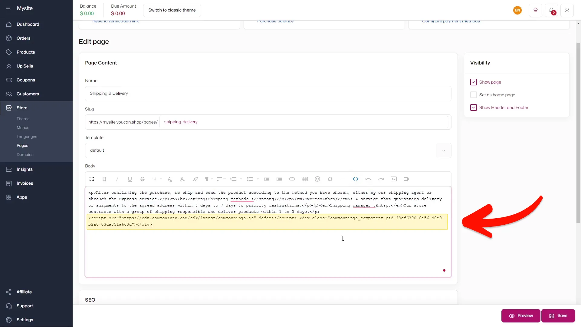 Add the Marketing Button embed code