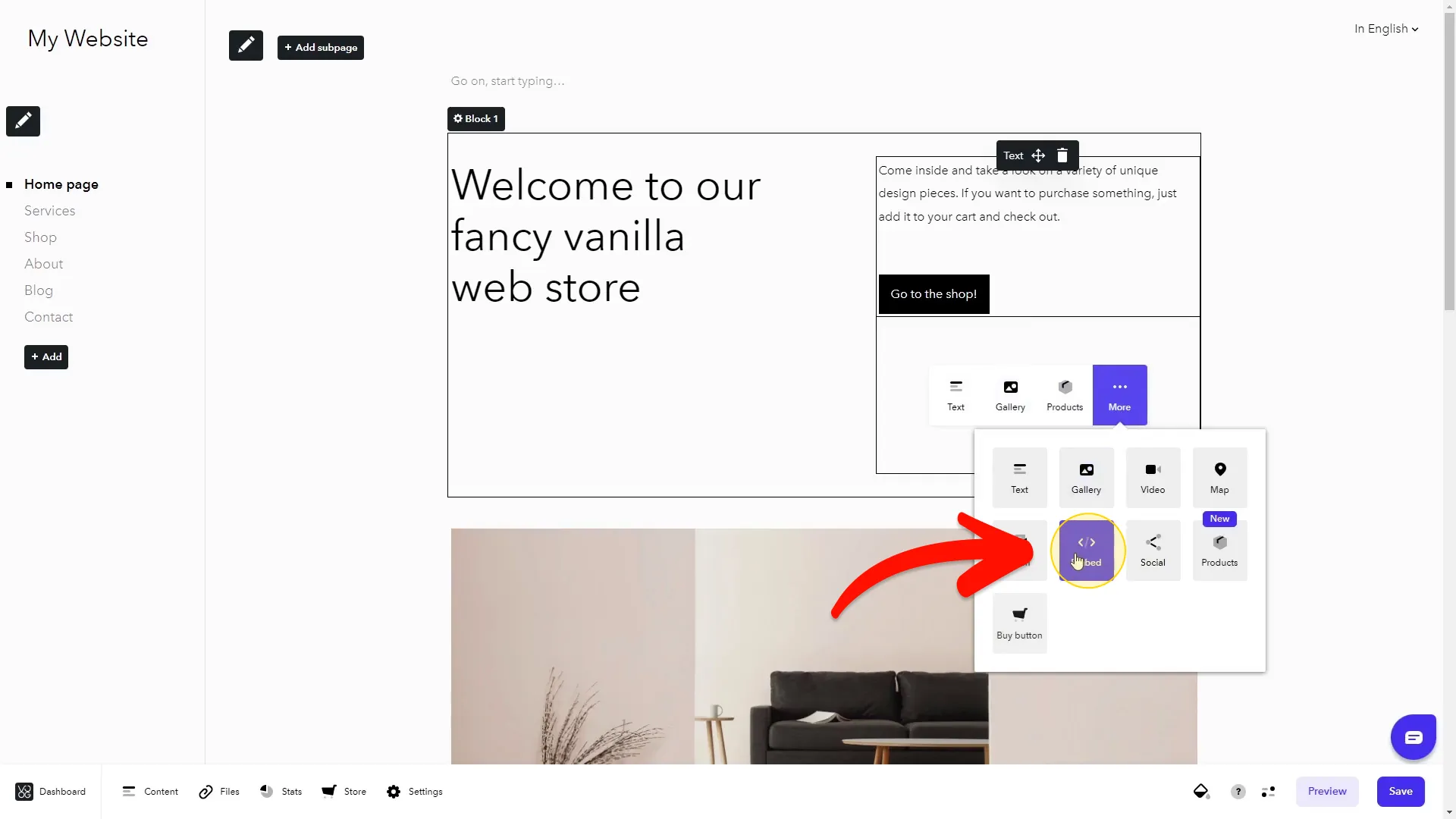 Select the Embed content item