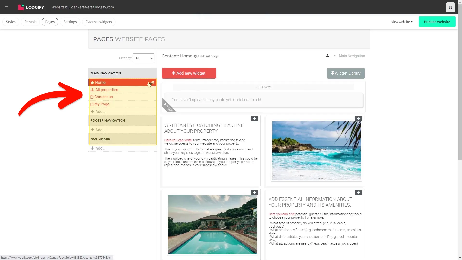 Enter the page on Lodgify Editor