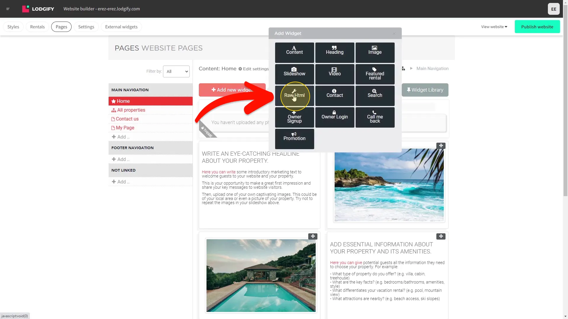 Select the Raw HTML widget