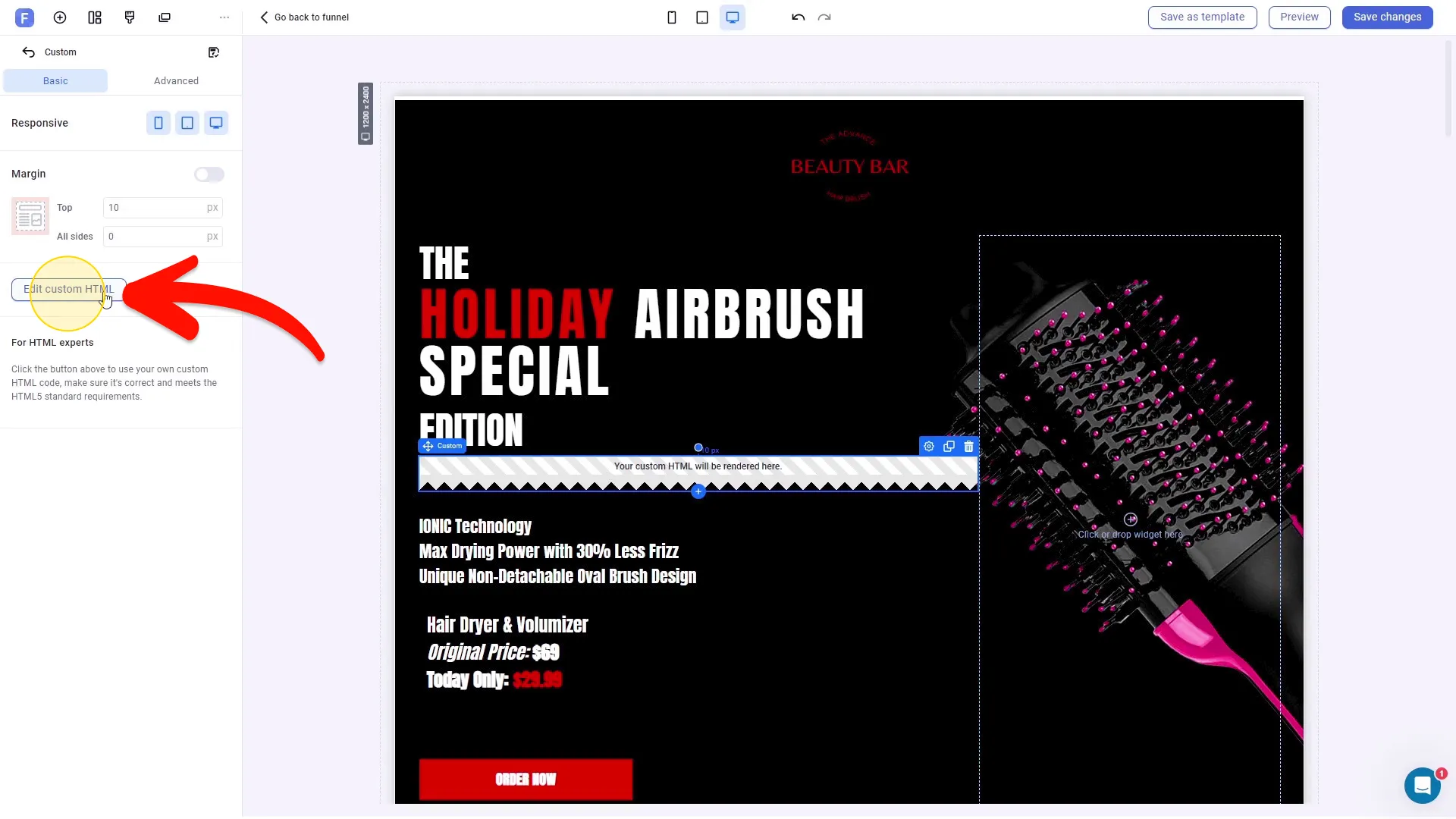 Enter the Custom HTML editor