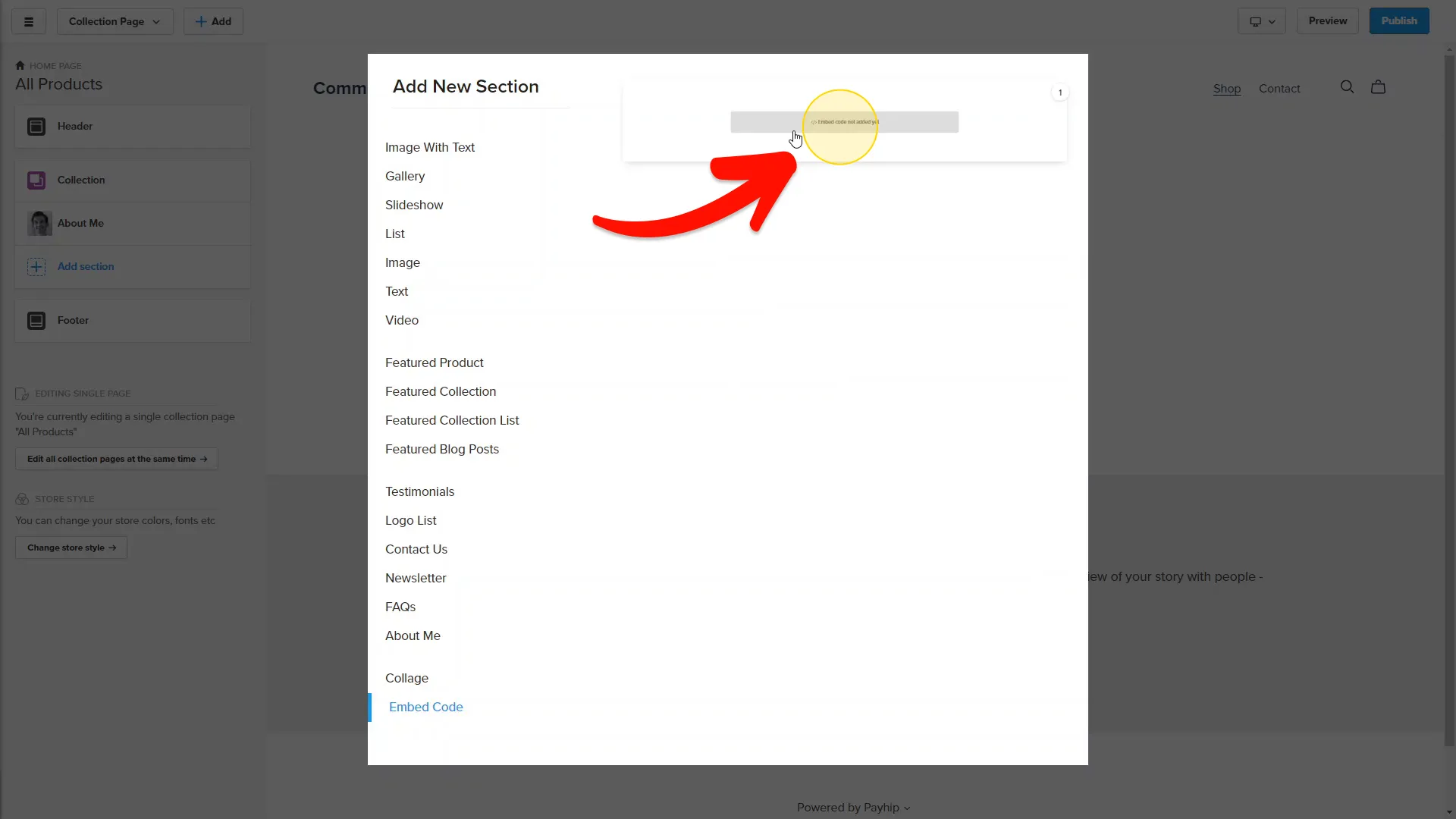 Click on the Embed Code element
