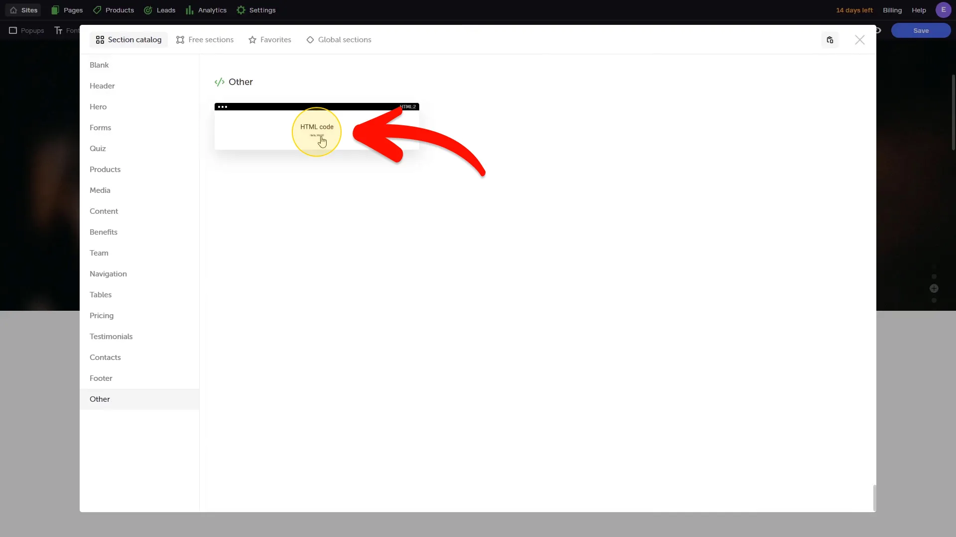 Select the HTML Code section