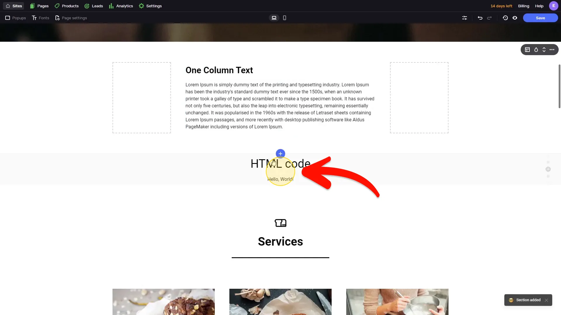 Enter the HTML code editor