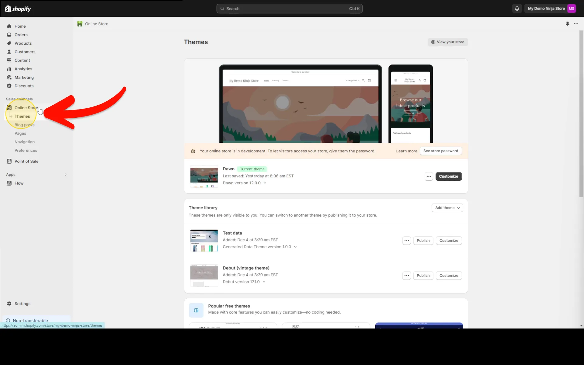Enter your online store on the Shopify editor