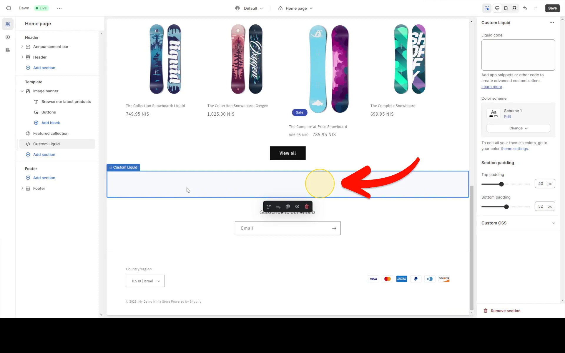 Enter the Custom Liquid settings