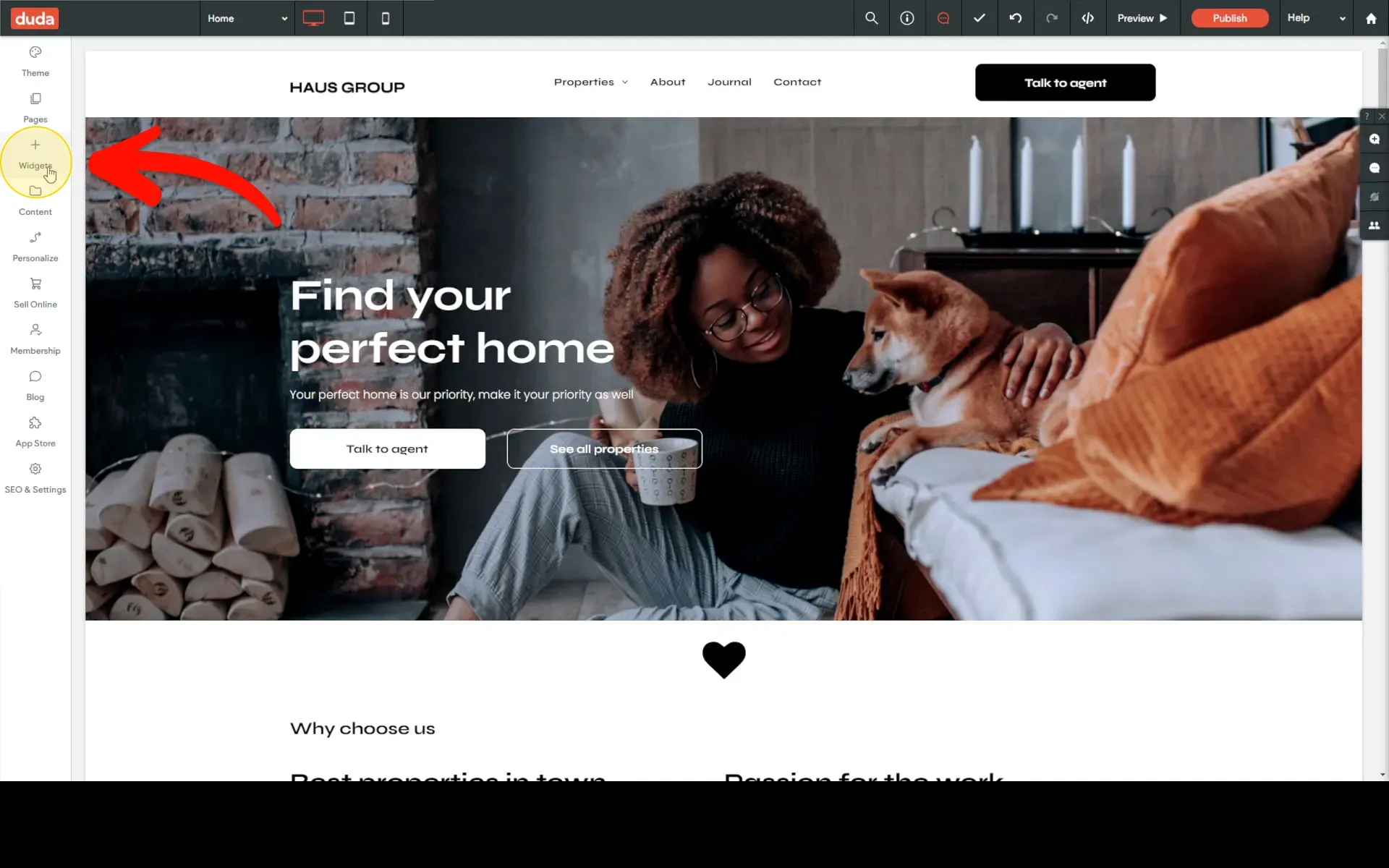 Enter Widgets on Duda's website editor