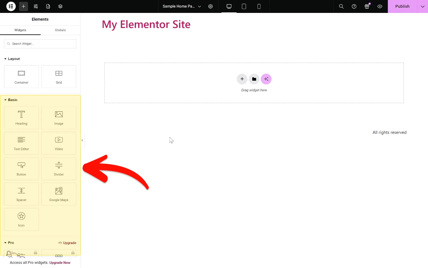 Select the HTML widget on Elementor.