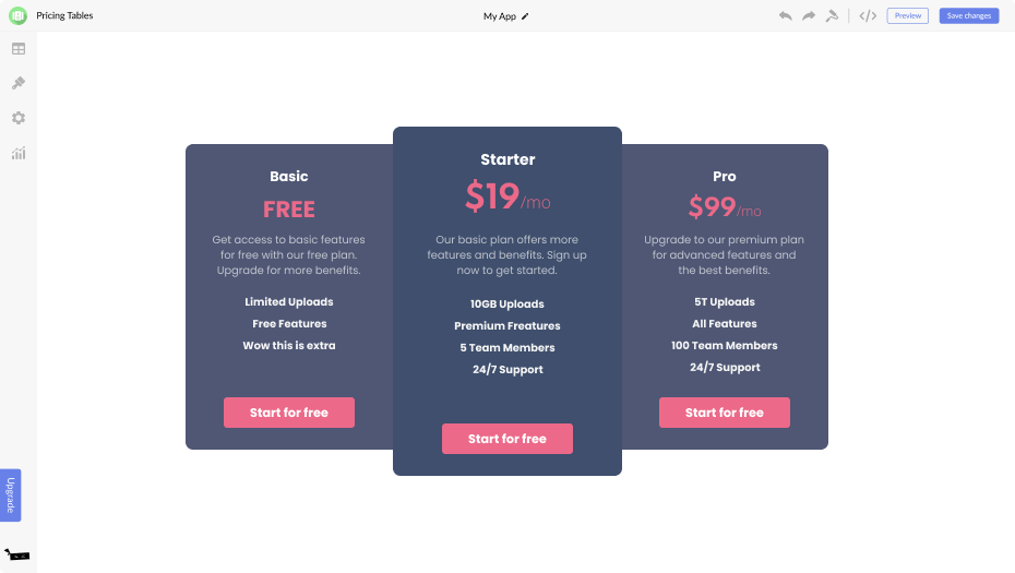 Pricing Tables for WebStarts
