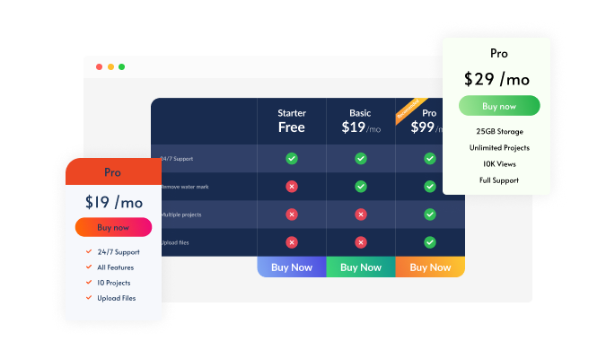 Pricing Tables - Colorful skins selection for your Blocs website